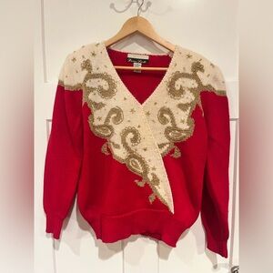 Vintage Dana Scott Sweater Womens M RedPullover Wrap V-Neck Grannycore Holiday